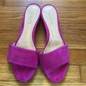 Schutz Pink Suede Low Block Heel Slides